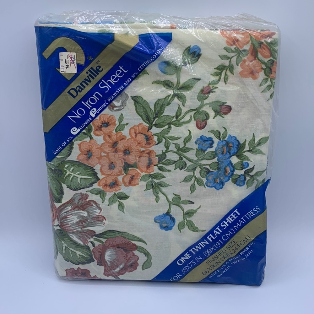 Vintage Danville White Blue Orange Cabbage Rose Floral Twin Flat Sheet NOS